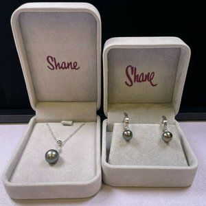 14K White Gold Black Tahitian Pearl Dangle Earrings/Pendant Necklace Set (R185)
